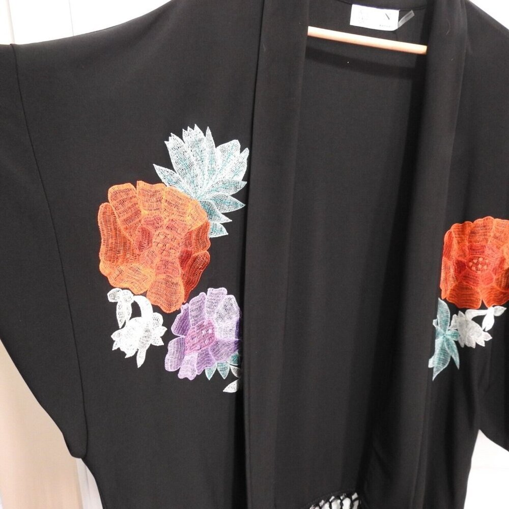 Disney Alice Wonderland Looking Glass Natori Black Floral Fringe Kimono L - Picture 5 of 15